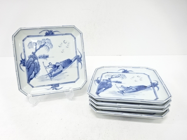 京焼　加藤利昌造　染付　舟　四方皿　5客